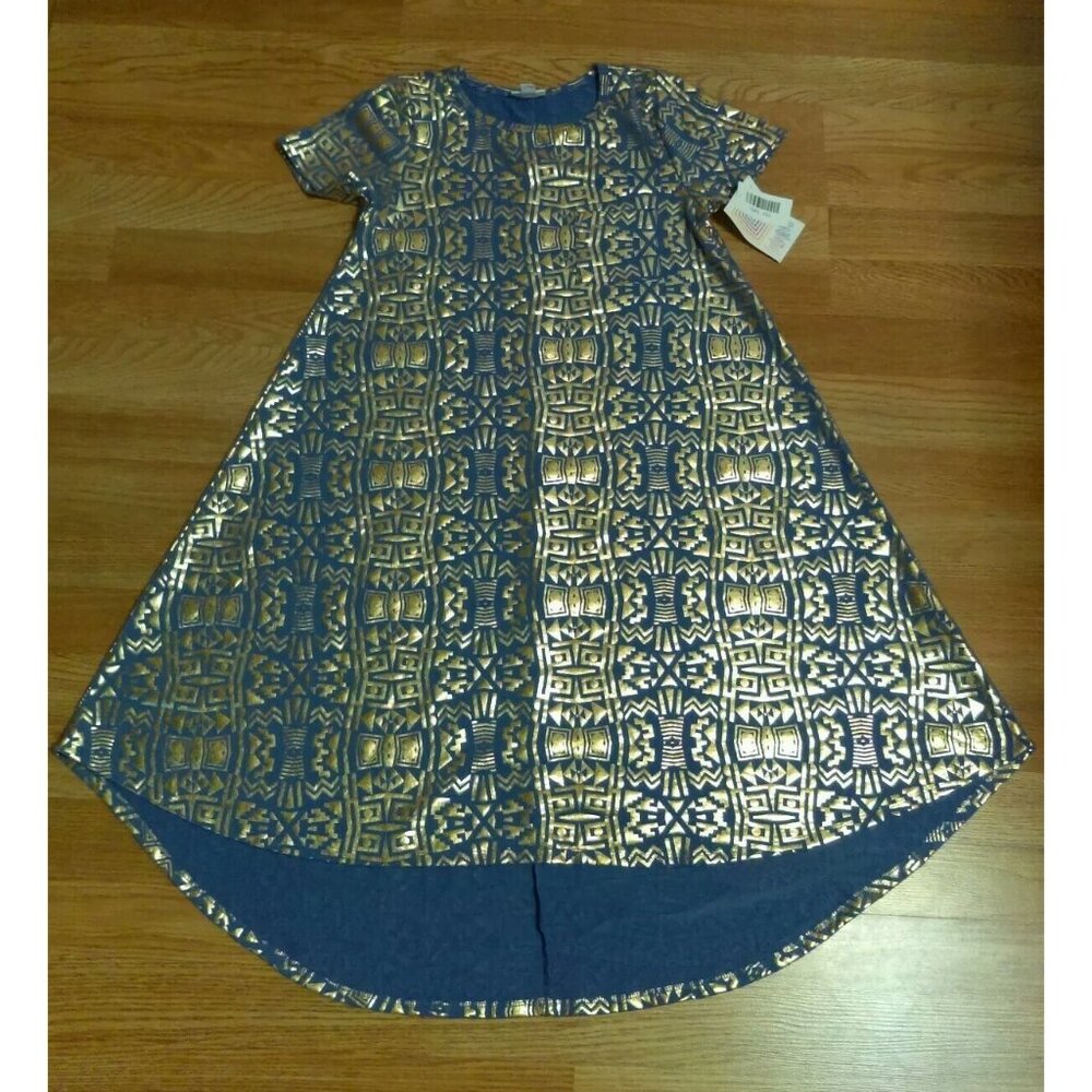 Womens LuLaRoe Carly Gold Metallic Patterned Blue Short Sleeve Dress XXS / 2XS